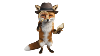 Realistic 3D Render of Anthropomorphic Detective Fox Character Holding a Magnifying Glass isolated PNG with Transparent Background