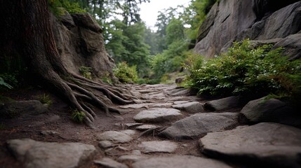 Stone path with exposed tree roots winding through a rocky forest landscape under an overcast sky