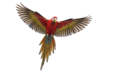Vibrant Scarlet Macaw Parrot Flying with Wings Fully Spread isolated PNG with Transparent Background