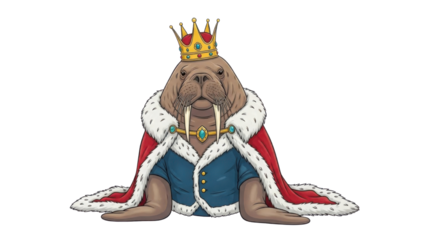 Detailed illustration of a Majestic Walrus King wearing a golden crown and royal red mantle. isolated PNG with Transparent Background