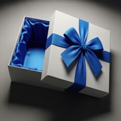 Open gift box with blue ribbon