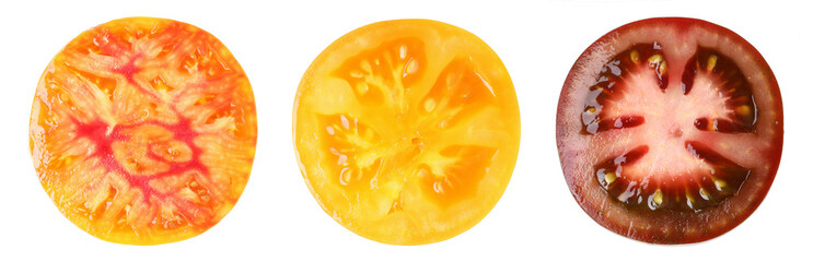 Sliced tomatoes of different colors isolated on white, set
