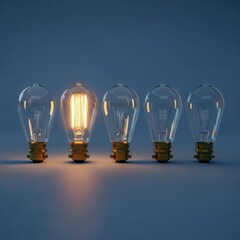 Five vintage light bulbs, one lit