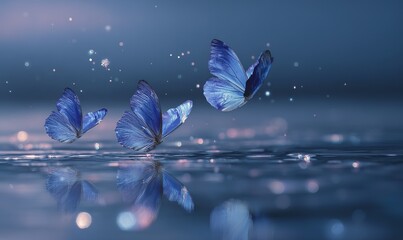 Blue butterflies flying over water, blue background with light and stars, blue color theme, glowing light effects, glowing butterfly wings on the left side of the picture, simple background.