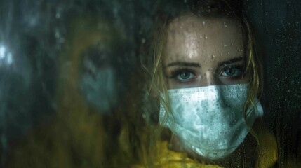 A woman with light colored hair is wearing a mask and gazing outside through a window covered in rain and fog. The setting is dim and the atmosphere is intense.