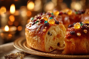 Obraz premium Traditional Rosca de Reyes cake with candied fruits, three kings day