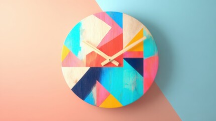 Colorful wall clock on a split background of pink and blue colors