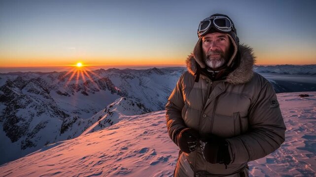 Male adult caucasian adventurer stands on a snowy mountain peak, wearing a warm parka and aviator goggles. A majestic alpine sunrise illuminates the vast, rugged wilderness