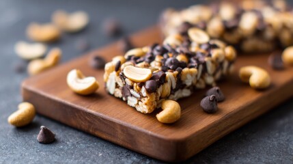 Snacks with nuts and chocolate on a wooden board with cashews and chips