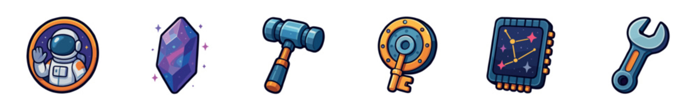 Various cartoon style game assets and tools including an astronaut, a crystal, a hammer, a key, a chip, and a wrench, presented as a vibrant collection of icons.