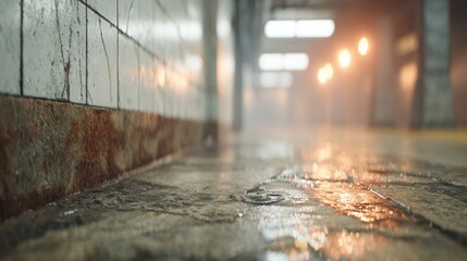 Water collects on the floor in a subway station during a rainstorm