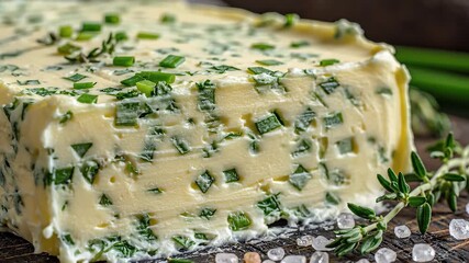 Delicious homemade compound butter infused with fresh green herbs and aromatic spices perfectly seasoned with coarse sea salt and thyme ready for gourmet cooking and enhancing culinary dishes.