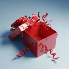 Open red gift box with curled ribbons