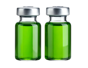 Two glass vials with metallic caps, filled with vibrant green liquid