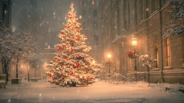 Snowy city square at night with a glowing Christmas tree, warm lamps, and softly falling snowflakes