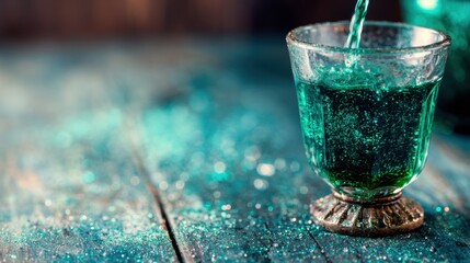 Pouring green drink into glass on wooden table with sparkling surface