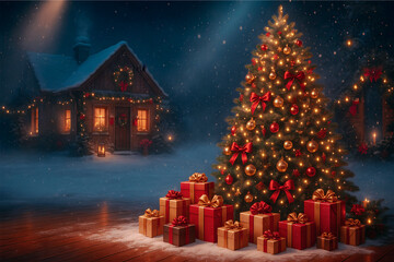 Christmas scene featuring a decorated Christmas tree surrounded by festive lights and seasonal decorations. The warm and cozy atmosphere highlights holiday spirit, celebration, and winter joy, making 