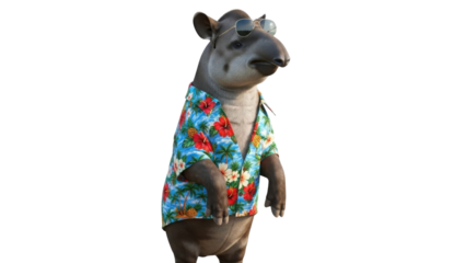 Humorous 3D Render of a Tapir Wearing a Colorful Hawaiian Shirt and Sunglasses isolated PNG with Transparent Background
