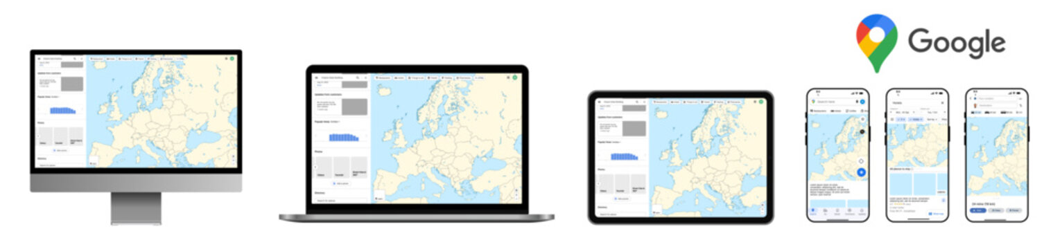 Google Maps interface across web, Mac and mobile platforms showing navigation, map view and location search features.