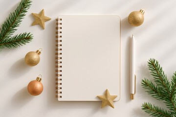 Blank spiral notebook with a pen, fir branches, and golden Christmas ornaments on a white background, creating an empty space for text