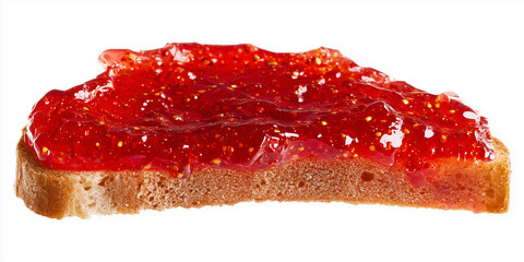 Bread topped with glossy strawberry jam, showcasing vibrant red color and texture