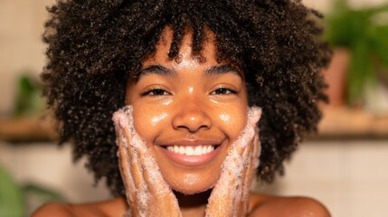 Woman washing face with foam in bathroom during daytime