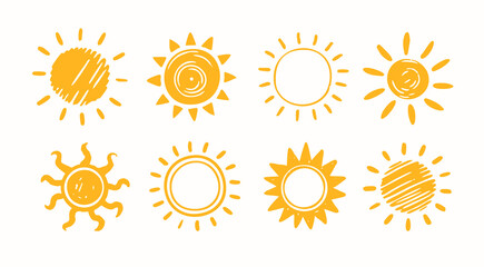 Various unique yellow Suns. Abstract, doodle, childish style, different rays. Weather app, summer mood, travel, climate, sunlight concept. Hand drawn Vector illustration. Isolated design elements 