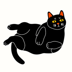 Black playful Cat lying on side. Cozy, comfortable position. Funny cute character. Hand drawn trendy Vector illustration. T-shirt print, poster, sticker, card, logo design template