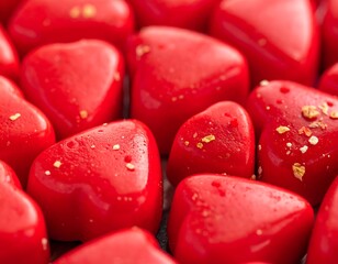 Close-up of glossy, red heart-shaped candies, speckled