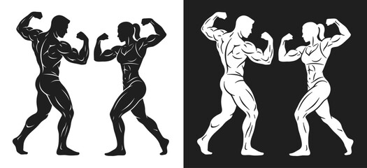 Male and female bodybuilders flexing pose illustration representing muscle strength, fitness training, bodybuilding competition, and physical power.