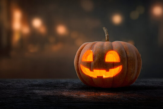 Happy halloween funny pumpkin Jack O'Lantern smiling face on grunge wood bokeh night dark background: Scary cute squash with candle light lit inside: Autumn holiday celebration festival decoration - Powered by Adobe