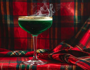 Green cocktail in a champagne glass with Christmas decorations