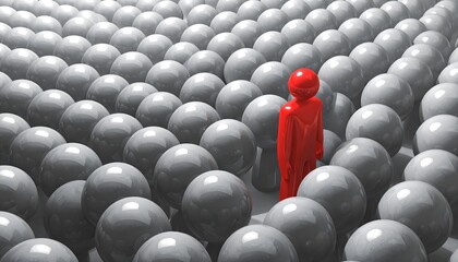 Red figure amidst grey spheres