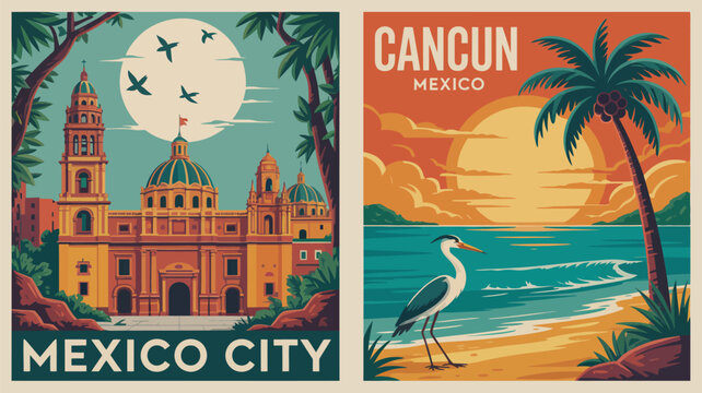 Travel poster of Mexico featuring Cancun beaches and Mexico City skyline generated AI illustration for tourism promotion vacation advertising wall decor and modern travel branding