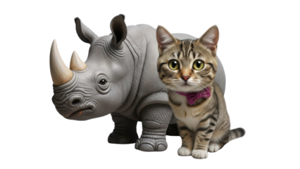 Realistic Rhinoceros and Cute Tabby Cat Composite Illustration isolated PNG with Transparent Background