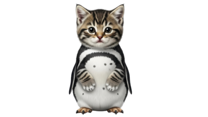 Cute realistic kitten head on a penguin body hybrid animal illustration isolated PNG with Transparent Background