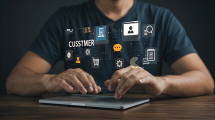 Hands interact with customer journey icons on a digital interface - Powered by Adobe
