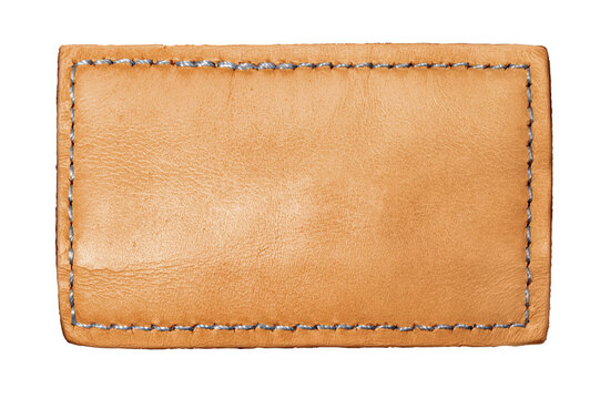 Brown leather blank patch with stitching on transparent background