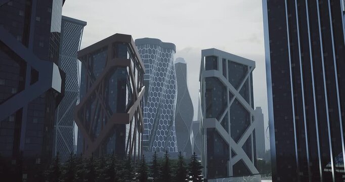 A collection of unique skyscrapers stands tall in a futuristic cityscape, featuring innovative designs and structures.