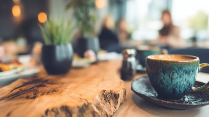 Coffee cup on wooden table with plants in a cafe setting