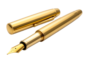 Gleaming gold fountain pen with intricate nib, cap detached