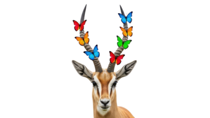 Gazelle Head with Vibrant Rainbow Butterflies Perched on Antlers isolated PNG with Transparent Background