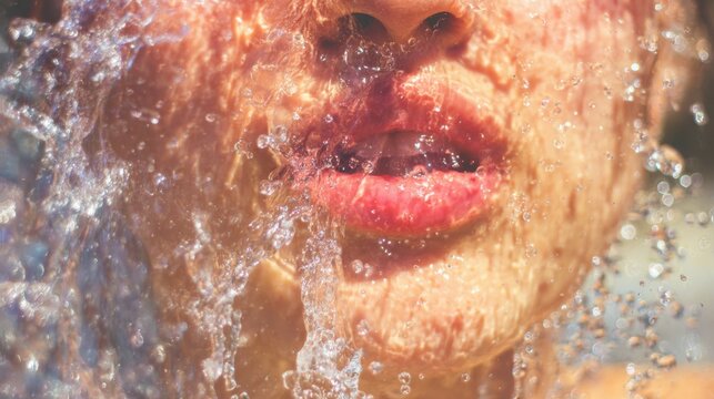 Water splashes around a person's face in a bright outdoor setting during summer