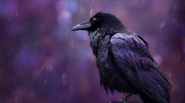 Dark raven amid violet rain, glistening feathers, sharp beak, solitary perch, moody dusk under rain
