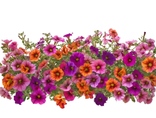 side profile of a very large ground cover grouping of purple orange and pink petunia flowers centered on a white background realistic