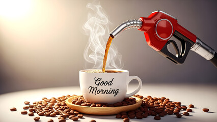 Metaphor for morning energy as hot coffee is dispensed from a gasoline pump nozzle