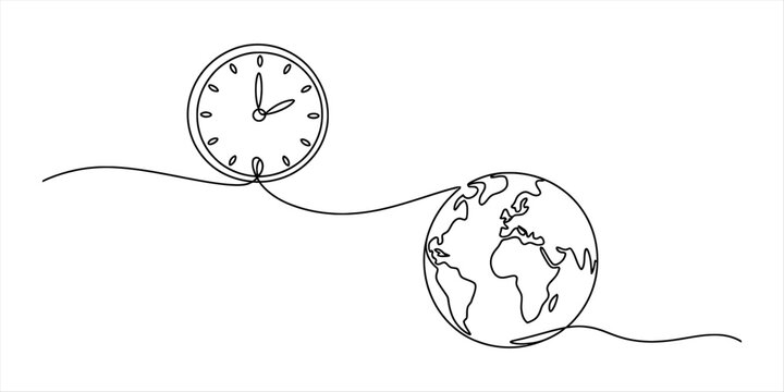 A continuous line drawing connects a clock to the planet earth Vector, illustration