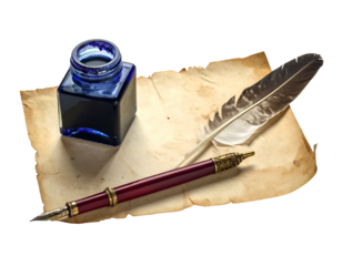 Old parchment, inkwell, and quill pen await creative writing