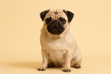Obraz premium Adorable fawn pug sitting in studio against warm yellow background, soft fur and wrinkles, looking attentively at the camera, portrait