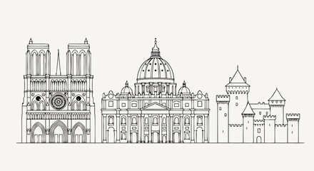 Obraz premium European Landmark Line Art Illustration with Historic Cathedral Skyline